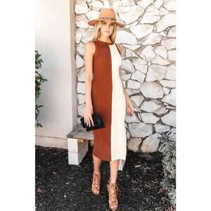 Cream Brown Ribbed Knit Fall Midi Dress - S